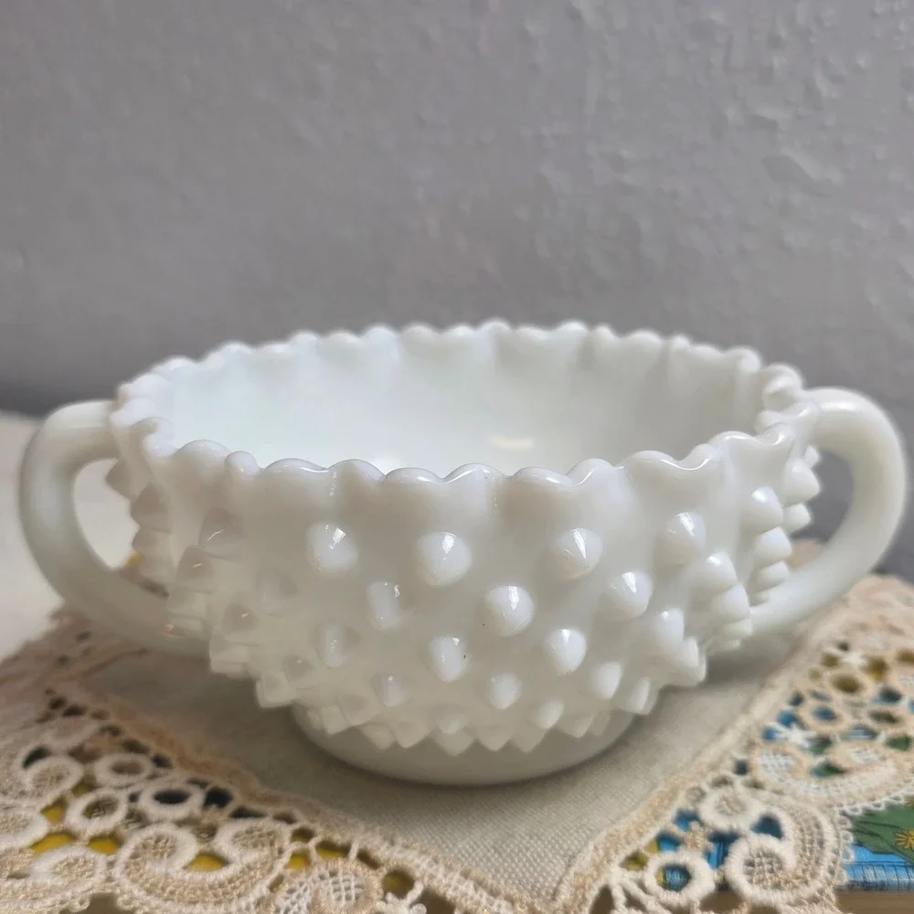 Vintage Fenton Milk Glass Hobnail Candy‎ Dish Double Handled Crimped Edge